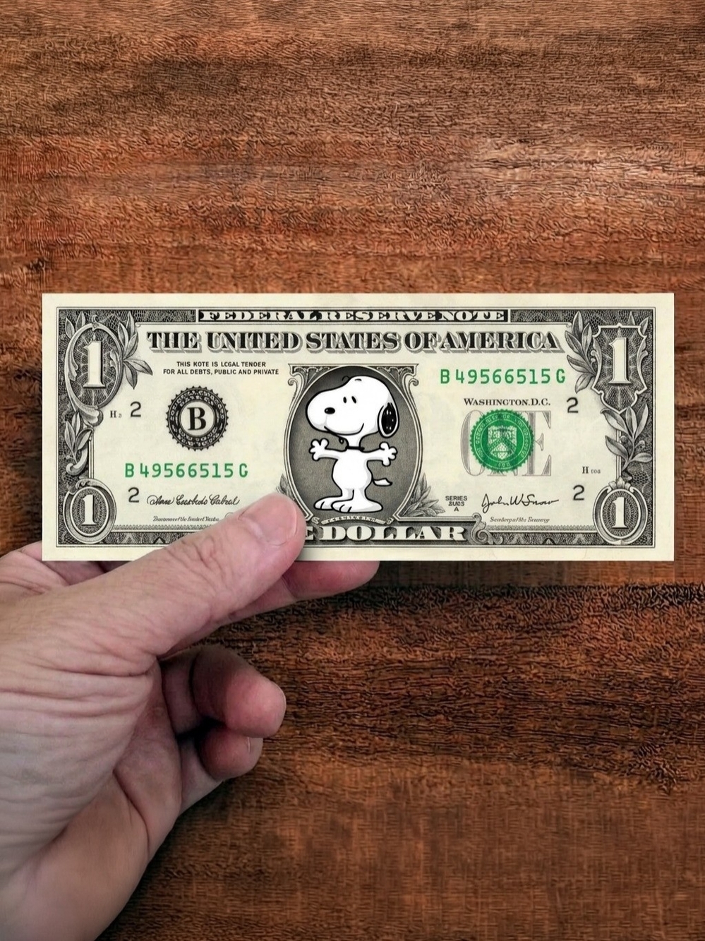 Real $1 Dollar Bill with STICKER of Snoopy on it Collectible Novelty Money Cash